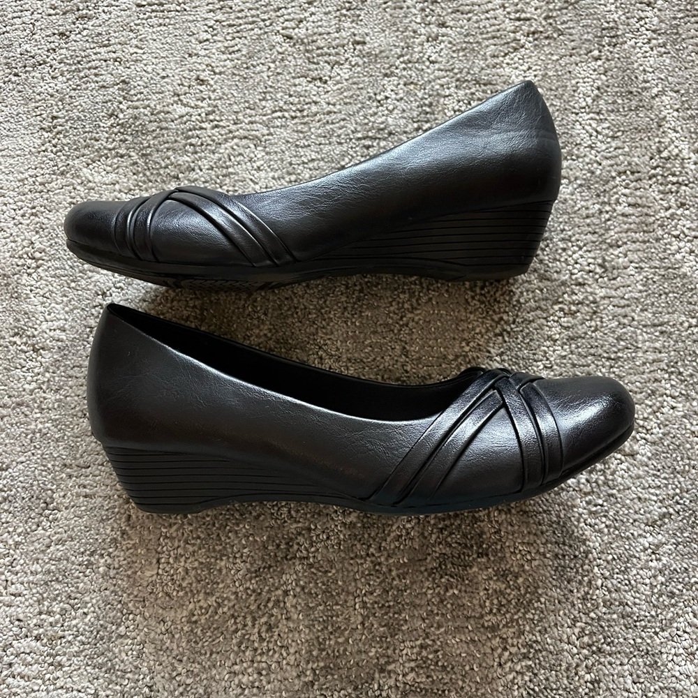 Black Wedge Slip-On Shoes with Low Heel